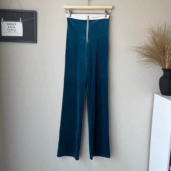 Peachy Den The Slinkys‎ Teal Blue Velvet Velour Zip Front High Rise Pants Size S - Picture 1 of 9